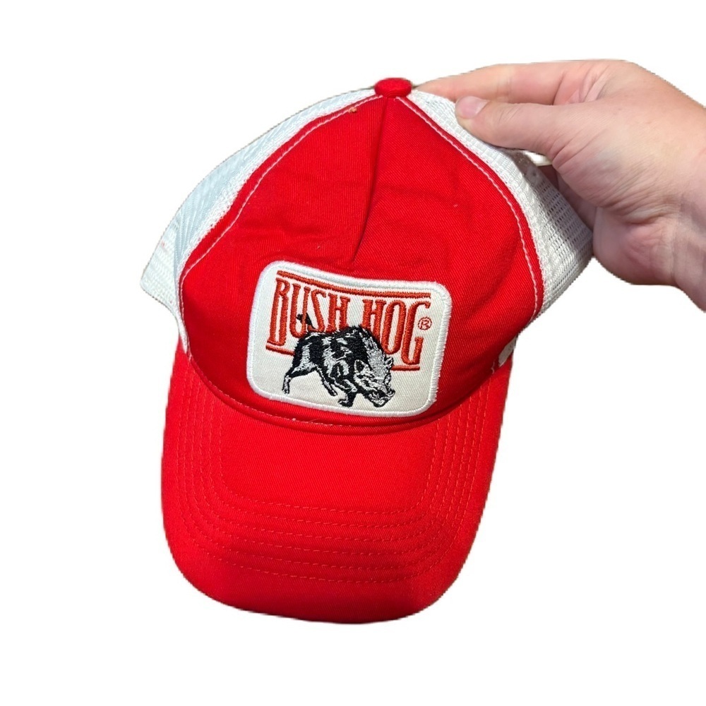 Bush Hog Patch Full Mesh Trucker Snapback Hat Cap Vintage Patch Red White